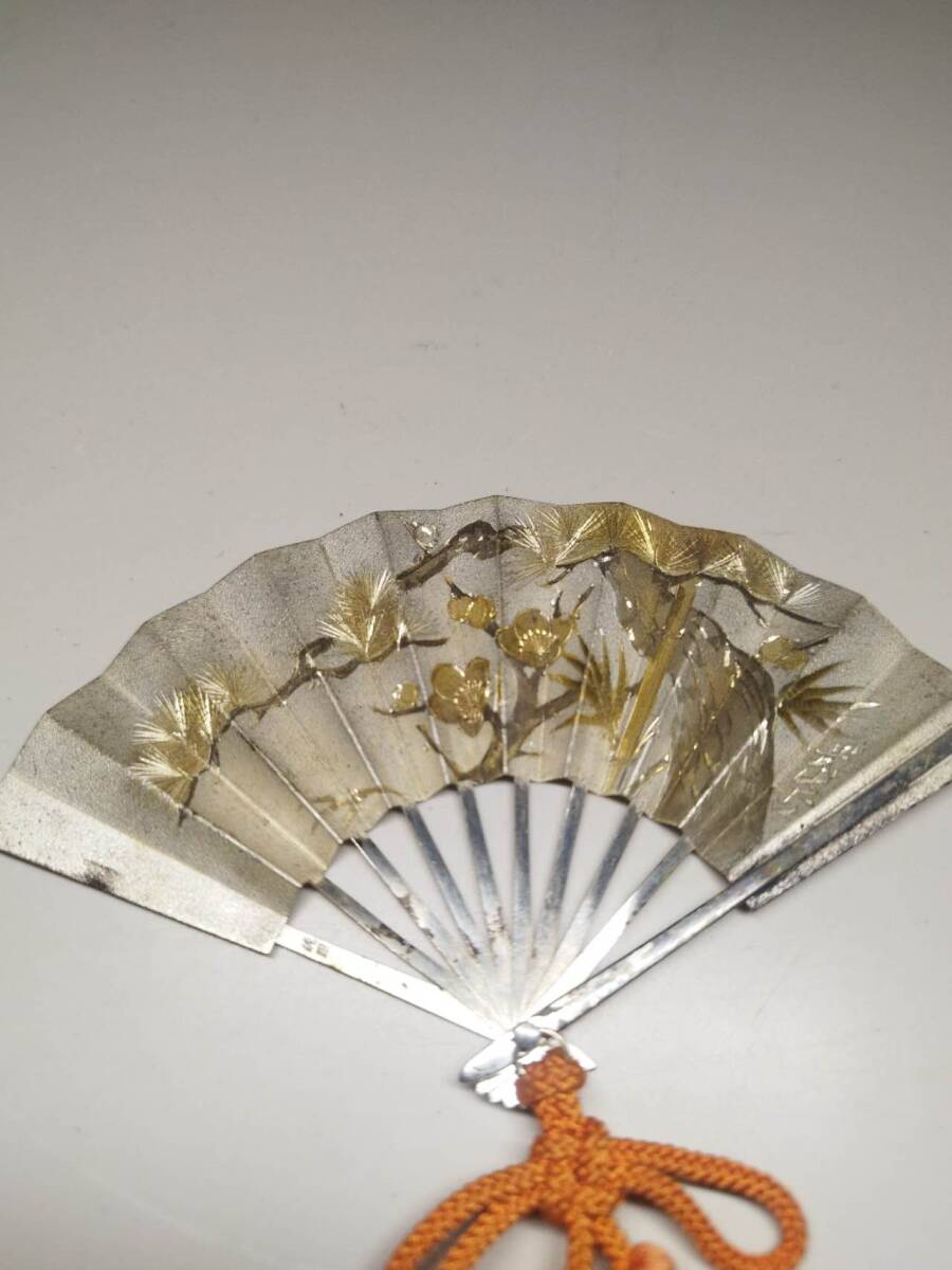 純銀製 扇 扇子 松竹梅 刻印 武比古作 置物 オブジェ 22g 扇 置物 扇子 8号