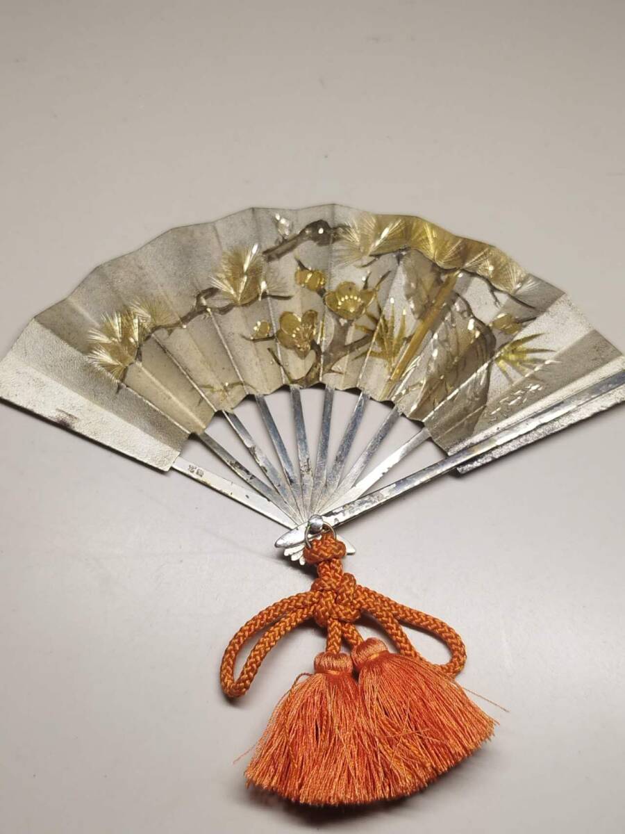 純銀製 扇 扇子 松竹梅 刻印 武比古作 置物 オブジェ 22g 扇 置物 扇子 8号