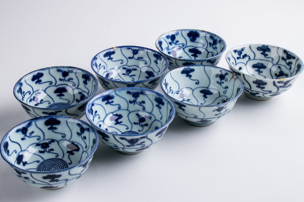 うつわ】 染付なずな文煎茶碗 7客 清朝時代 E2039 古美術 骨董 古玩 唐