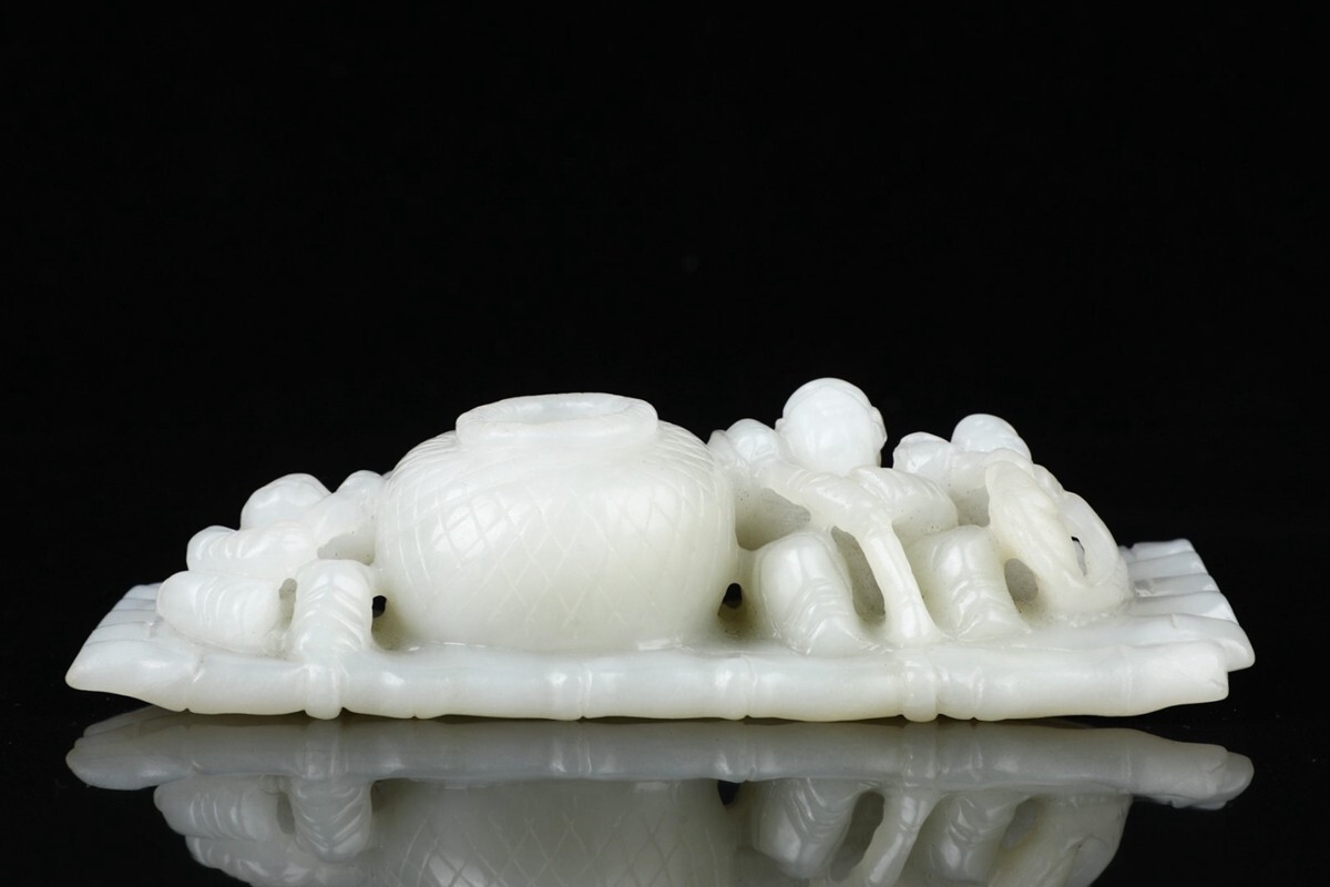 瓏】和田玉 白玉彫 漁翁得利擺件 清時代 極細工 手彫り 置物擺件