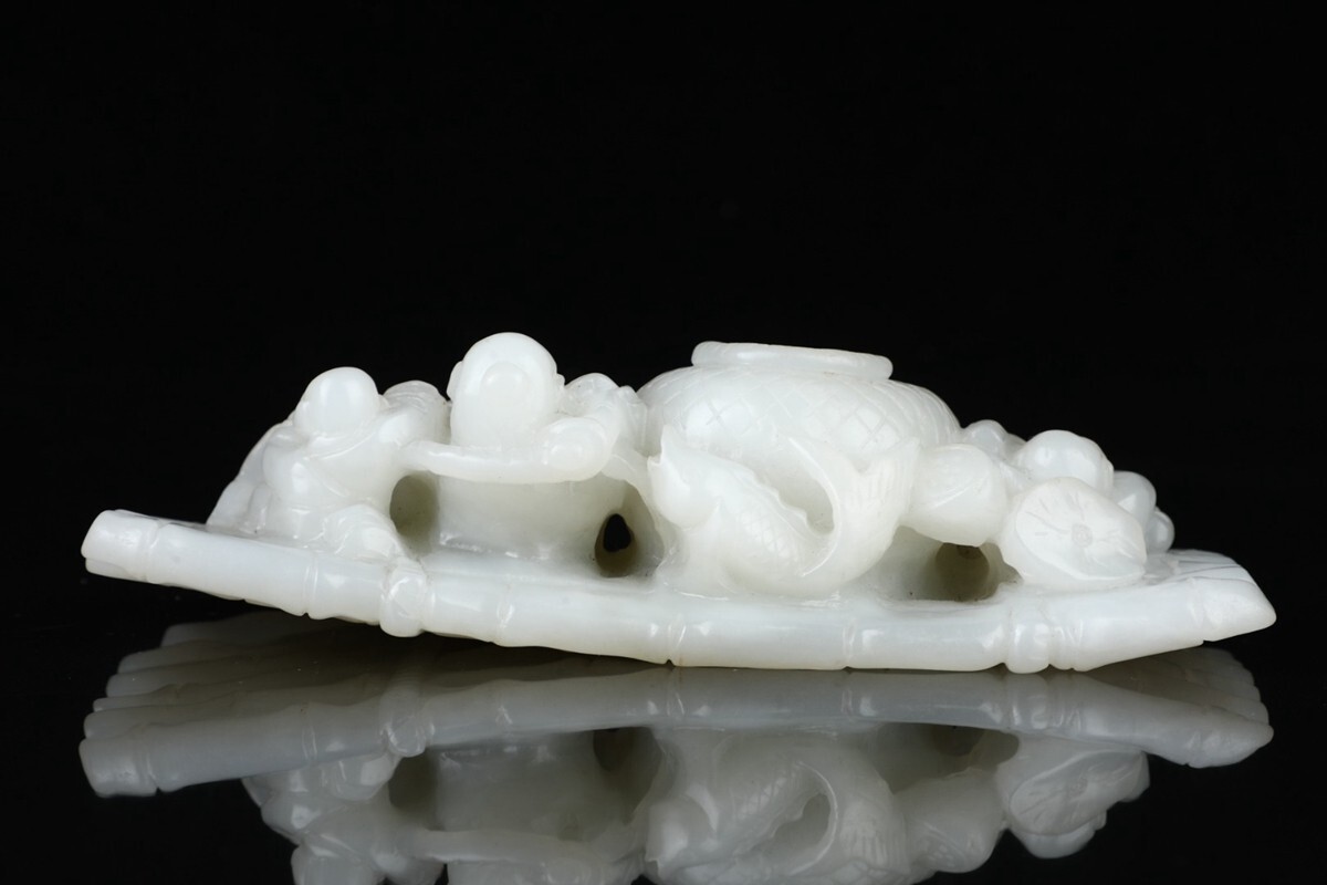 瓏】和田玉 白玉彫 漁翁得利擺件 清時代 極細工 手彫り 置物擺件