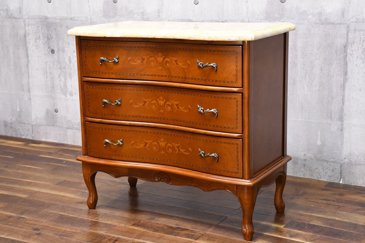 EFK85 イタリア製 象嵌細工 猫脚 3段チェスト 大理石トップ 木彫刻