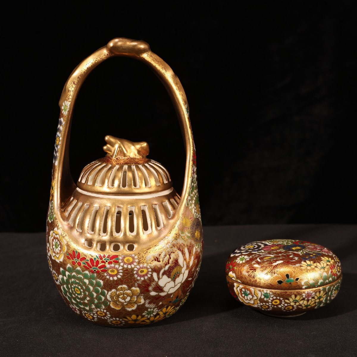 BE941 薩摩焼 勇仙作 色絵金彩花鳥図獅子耳 大香炉 高さ45cm 【公式通販】