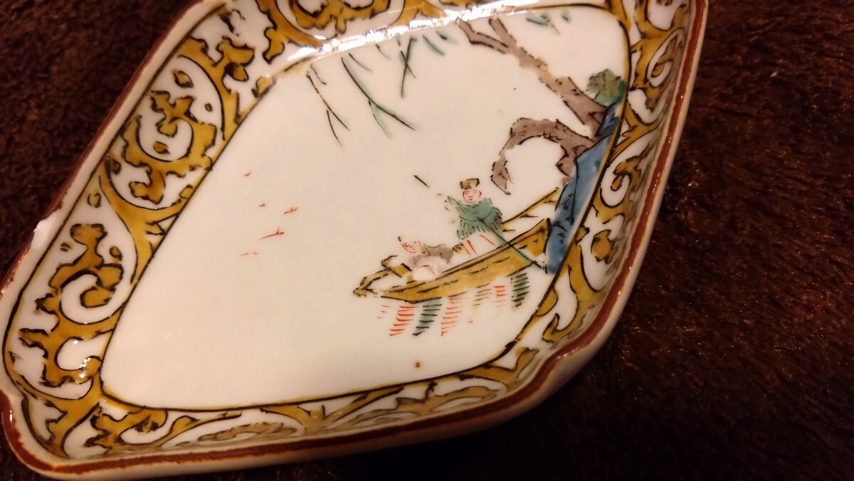 古九谷 九谷焼 菱形皿 蔵出し 鳥の図 1客 古九谷 九谷焼 菱形皿