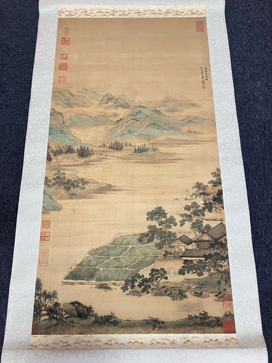 模写】掛軸 仇英 中国 山水 書 絹本 箱無 同梱可能 No.3993