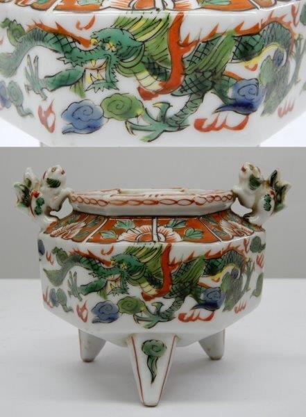 中国美術 香炉 大明萬暦年製 五彩 花と龍と鳳凰 六角香炉｜