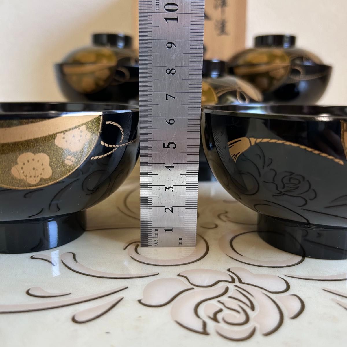 会津塗 金彩蒔絵桜鈴文様 蓋付きお吸物椀 雑煮椀 お椀 5客セット 漆器