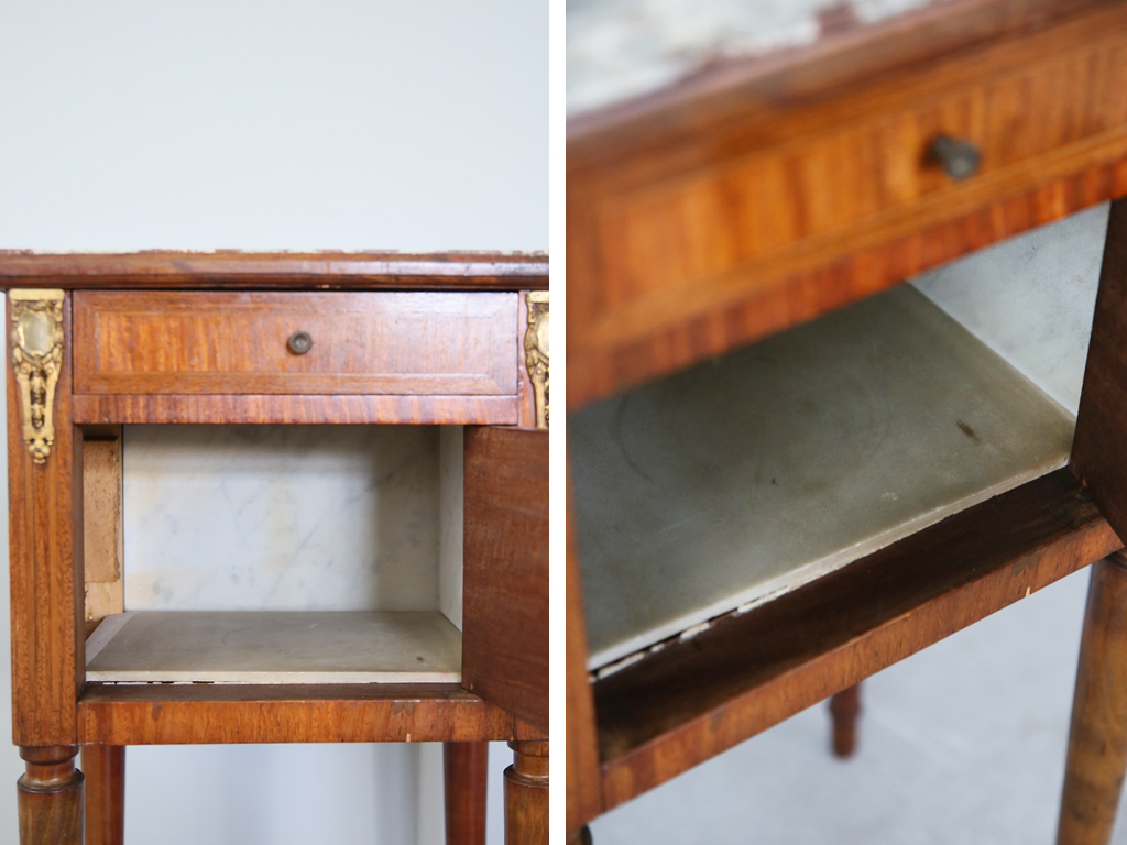 フランスアンティーク木製*大理石キャビネット/ナイトテーブル机(90-35