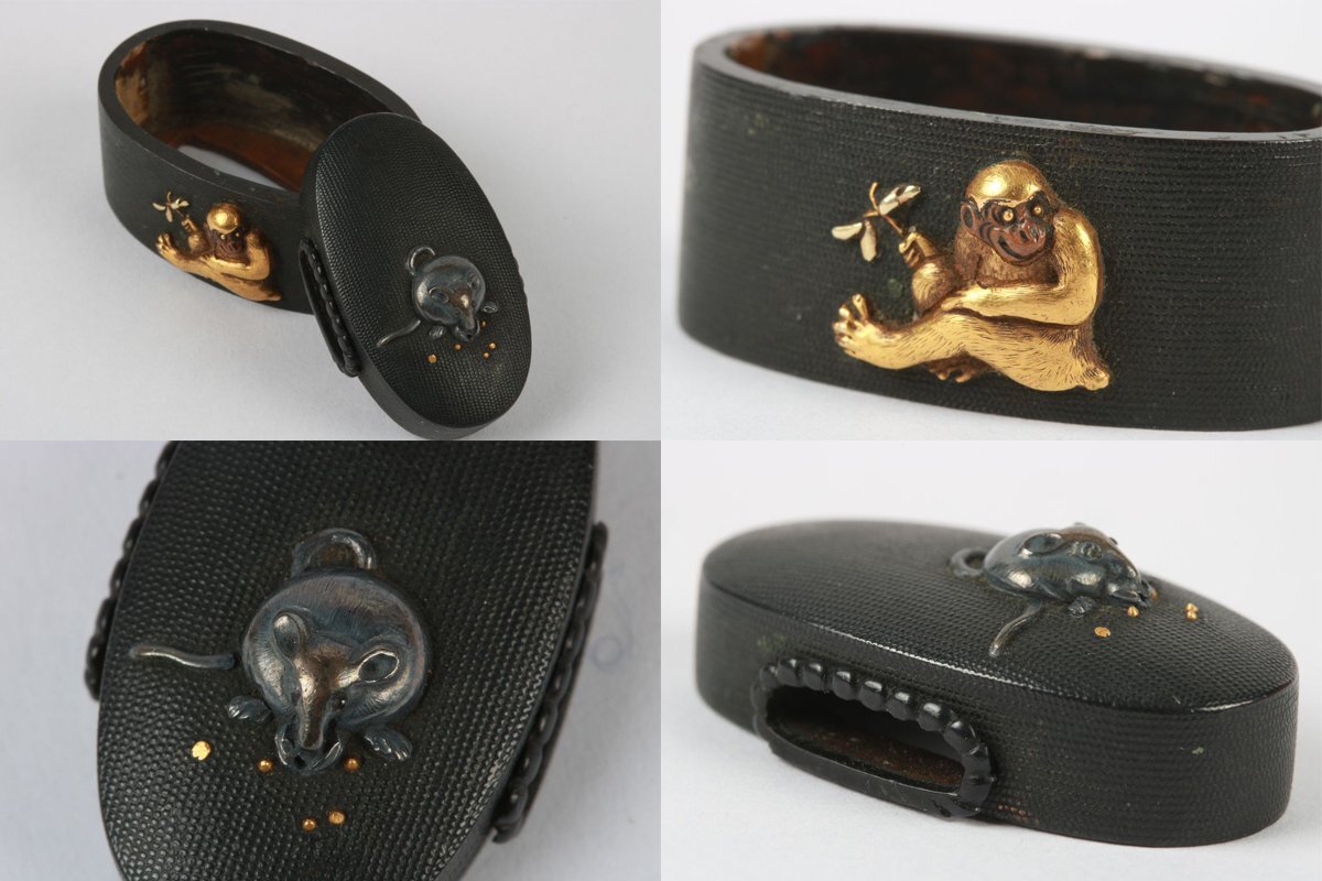 明治時代 煙草入れの前金具 赤銅地 蘭前金具 （煙草入金具・腰