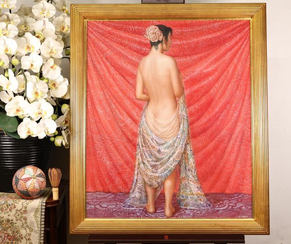 真作】 鬼沢泰治 「 レースの裸婦 」 F20号 油彩 タトウ BK098 真作