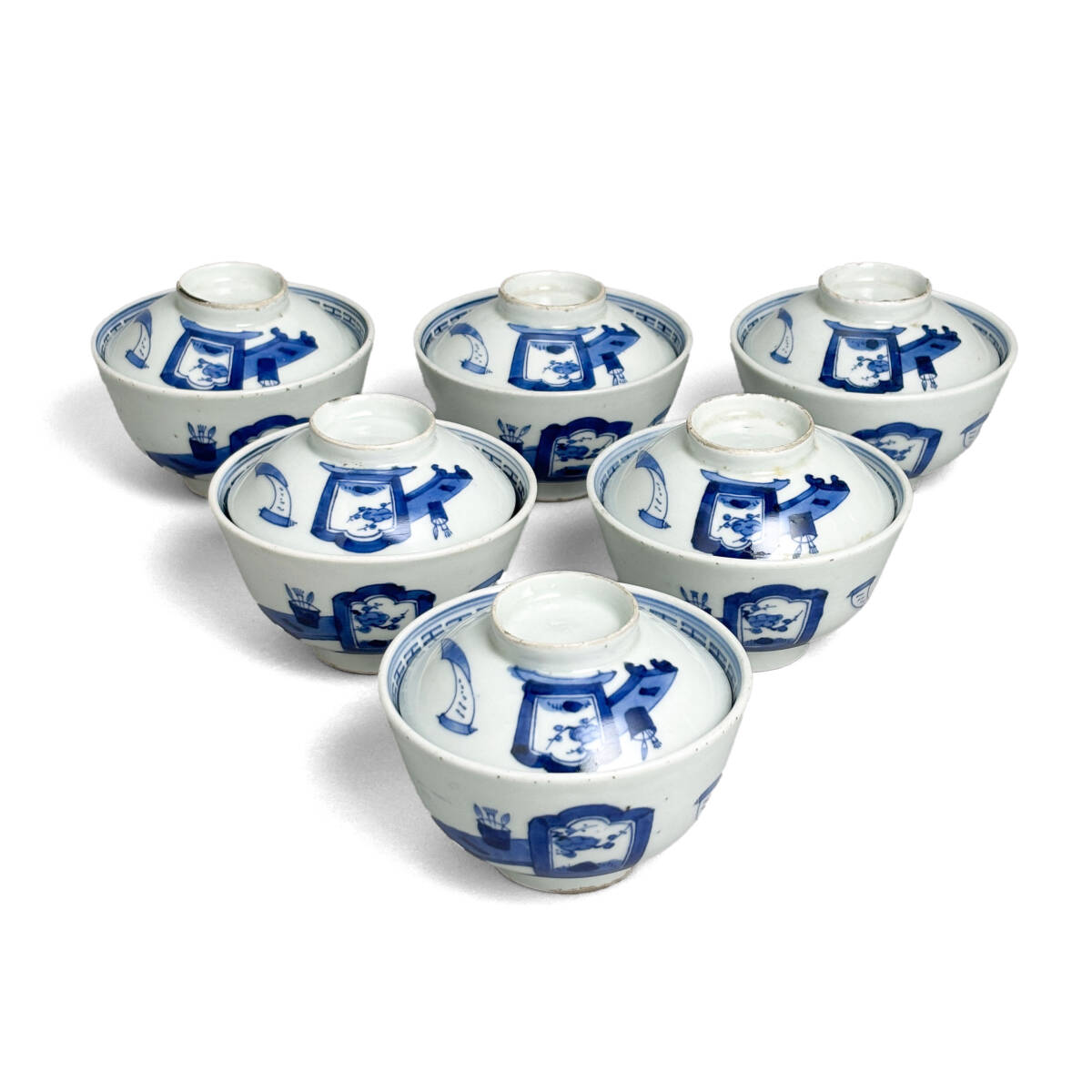 青花 染付 蓋付茶碗 六客揃 博古図 茶道具 茶入 茶器 時代物 中国