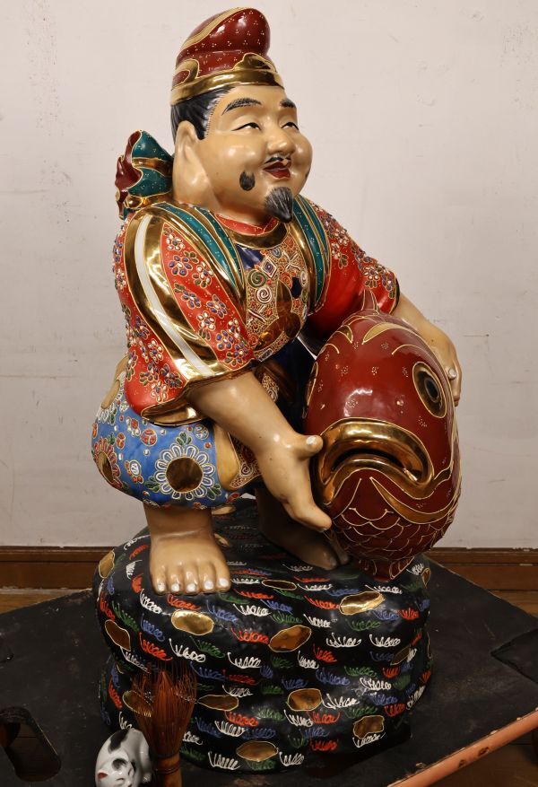 九谷焼 峰光 銘 色絵金彩 恵比寿像 七福神 置物 縁起物 高さ約62cm BK125