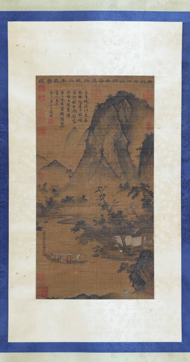 古美術 掛け軸 中国・宋時代 「荊浩書」 絹本 【秋山帰棹図】 立軸