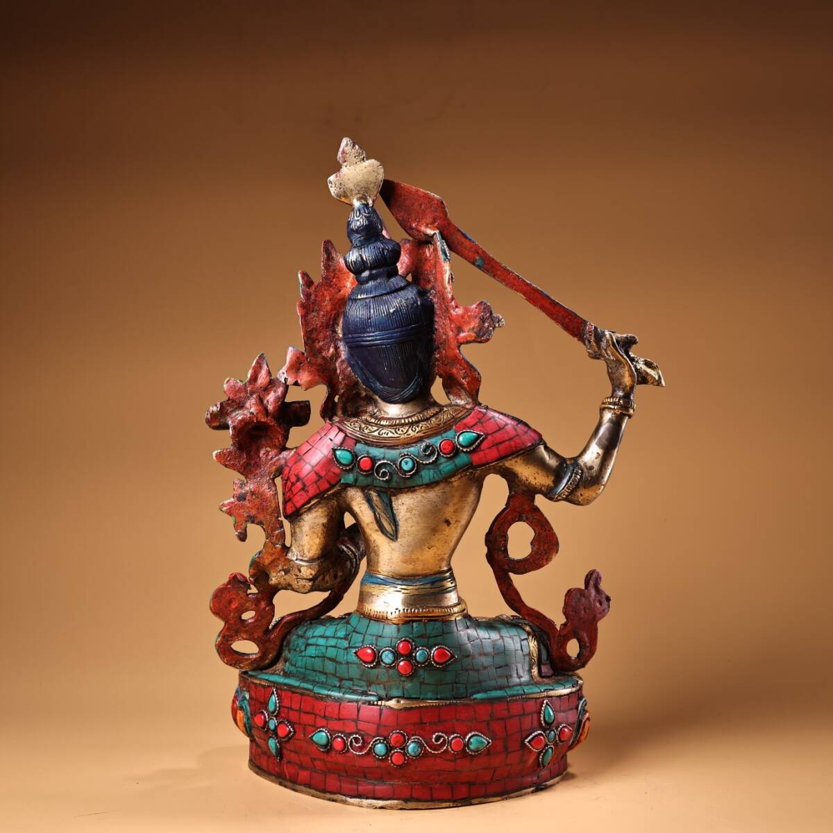 超珍館蔵】銅製 寶石嵌 描金 彩繪 文殊菩薩像 仏像 宗教 仏教古