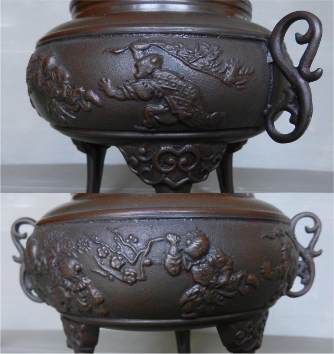 ☆高岡銅器？最上作 蝋型鋳銅 獅子蓋 唐子紋 三つ足 「