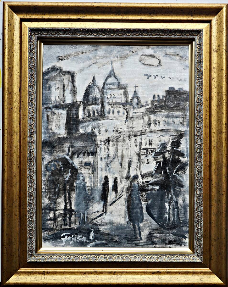 大澤扶二子□パリの街角□真作保障□新品金色額□油彩画□絵画□油絵