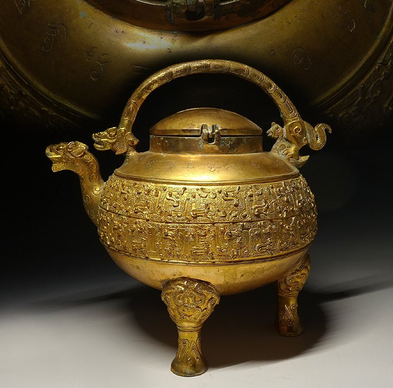 緑屋i□ 中国古玩 古銅 青銅器 鍍金 カ 提梁 水注 金文銘文 唐物