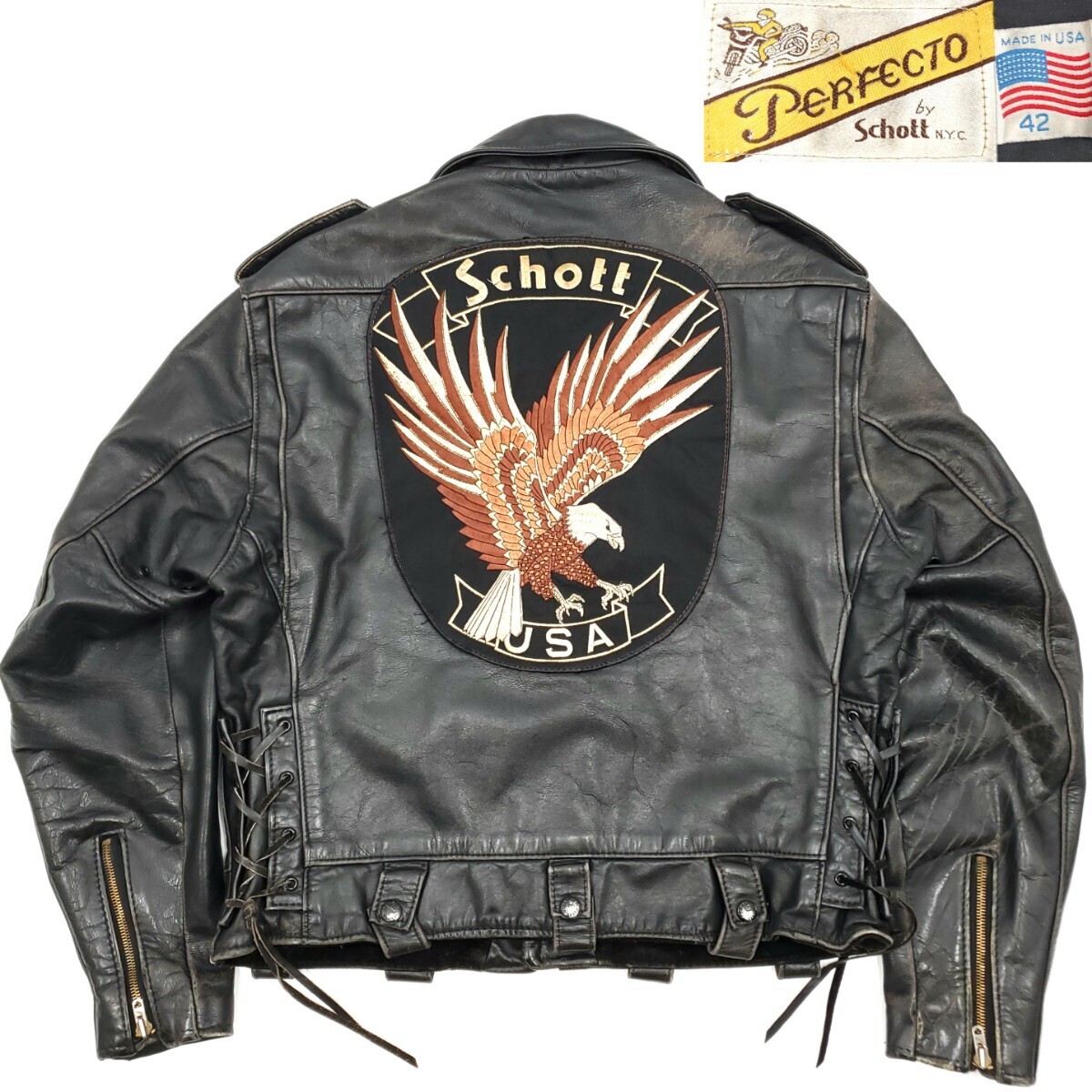 廃番#119 Schott 42レザーライダースジャケット黒メンズXL本革ショット