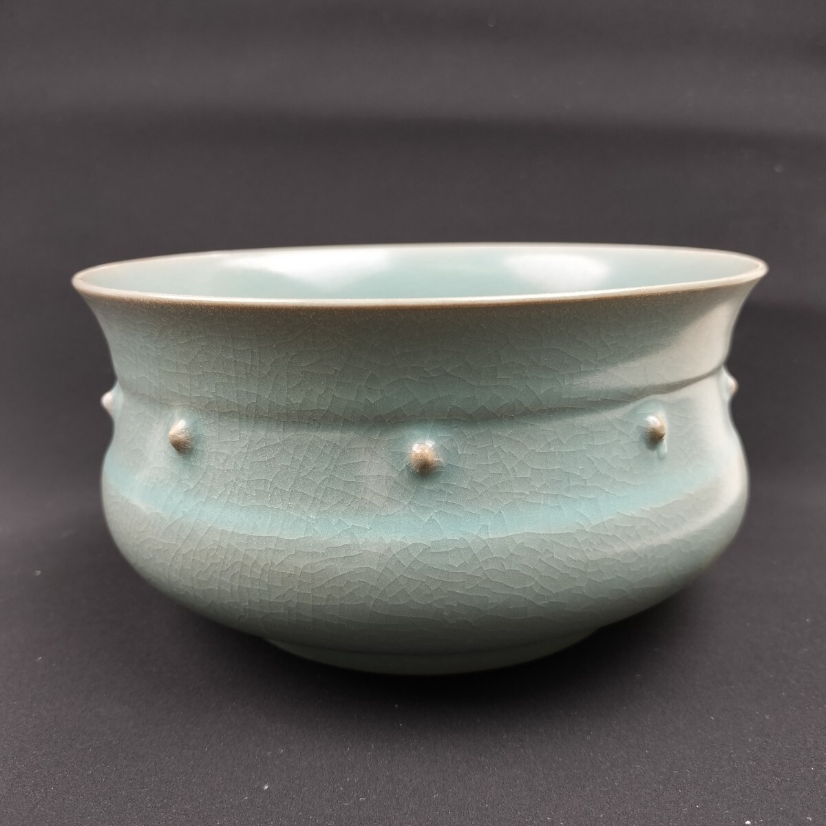 中国古玩 宋風 官窯様式 青磁 開片 鉢形 香炉 中国古美術 骨董