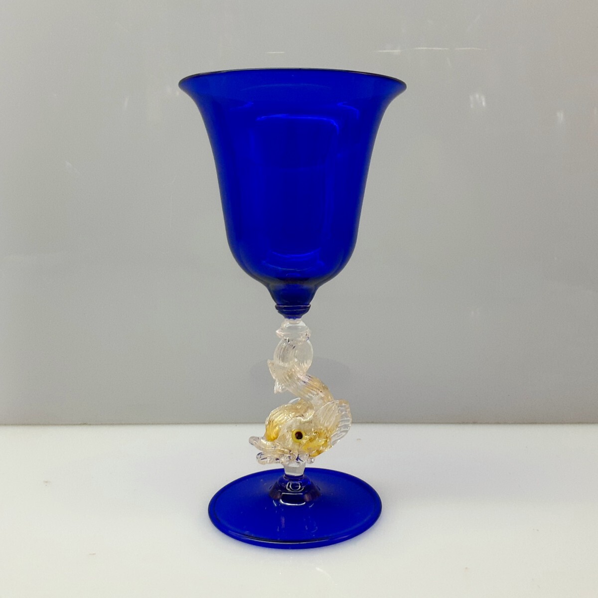 MURANO】ITALY☆ムラノ 金彩 ドルフィン モチーフ ブルー グラス