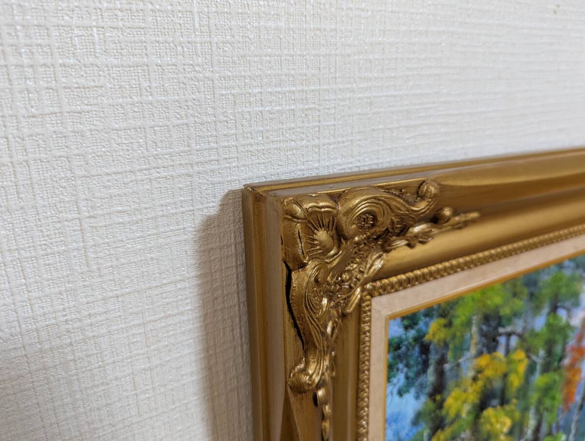 真作】絵画 油彩12号 深緑の森とせせらぎ 自然美のアート 森林風景