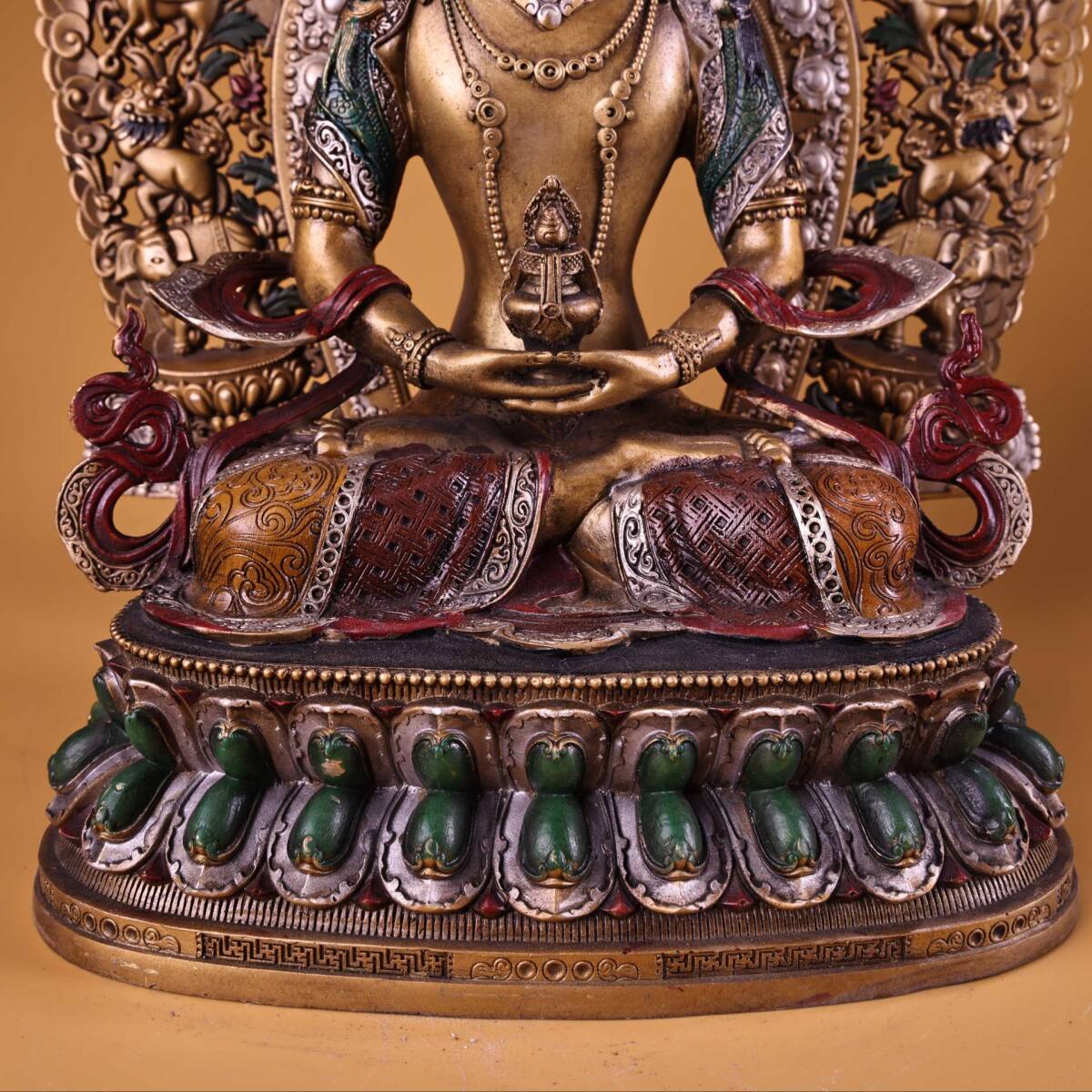 清・銅製・描金・彩繪・長寿仏・密宗密教・蔵伝仏像・供養品』極細工 置物