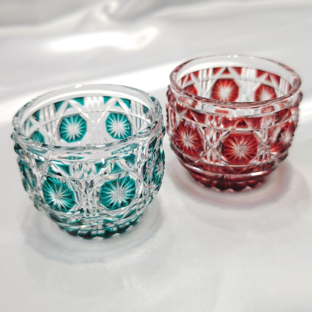 薩摩切子 島津薩摩切子 猪口 グラス 大 紅 赤 緑 セット 刻印入り 薩摩