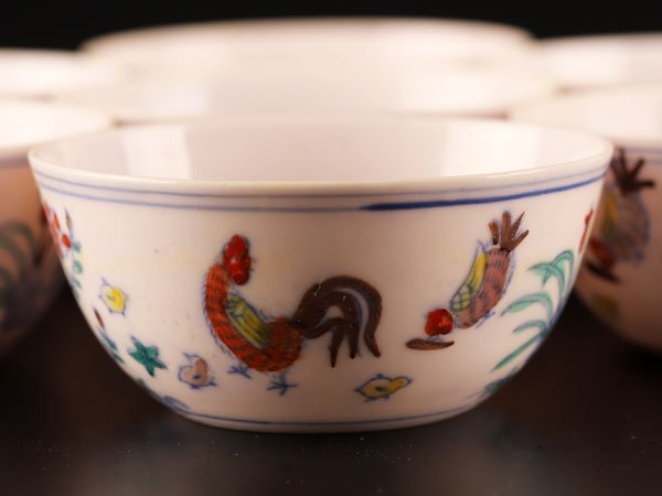 流】中国美術 大明成化年製 色絵 鶏盃 七客 UB956