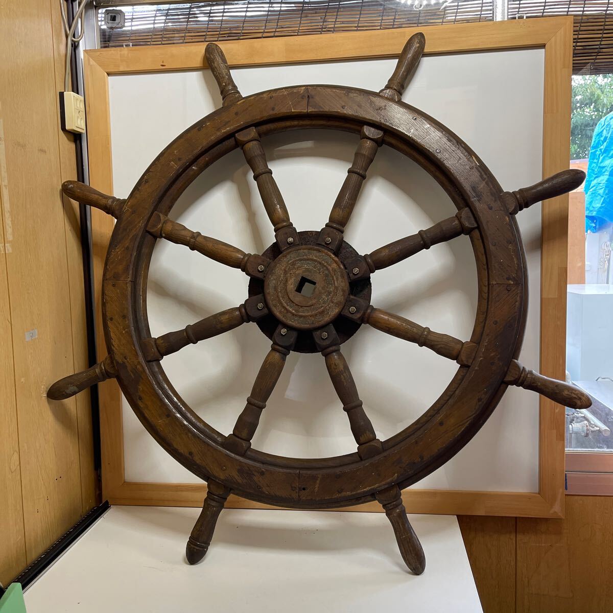 操舵輪 木製 船舵 インテリア アンティーク ハンドル直径約103㎝ 厚み約8㎝