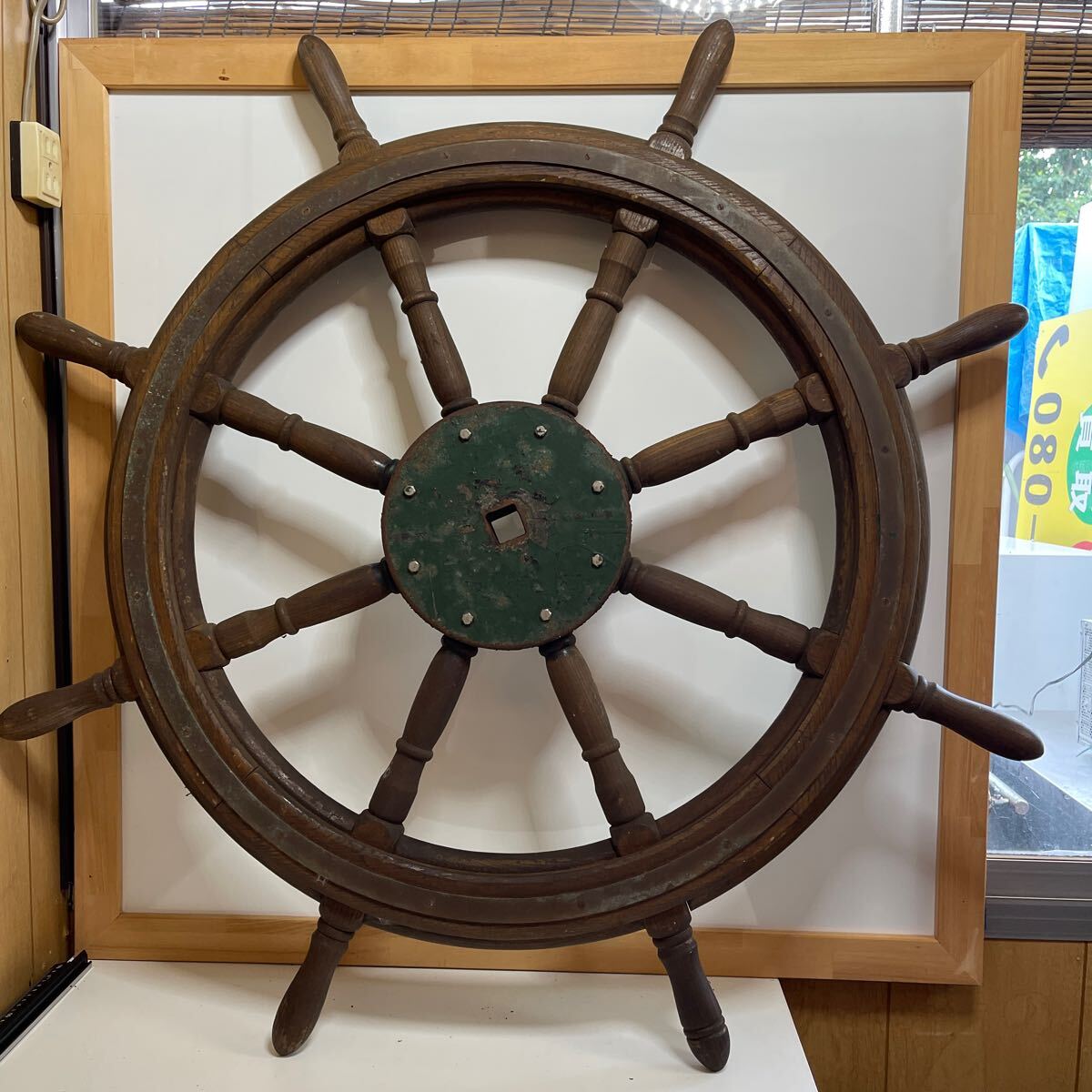 操舵輪 木製 船舵 インテリア アンティーク ハンドル直径約103㎝ 厚み約8㎝