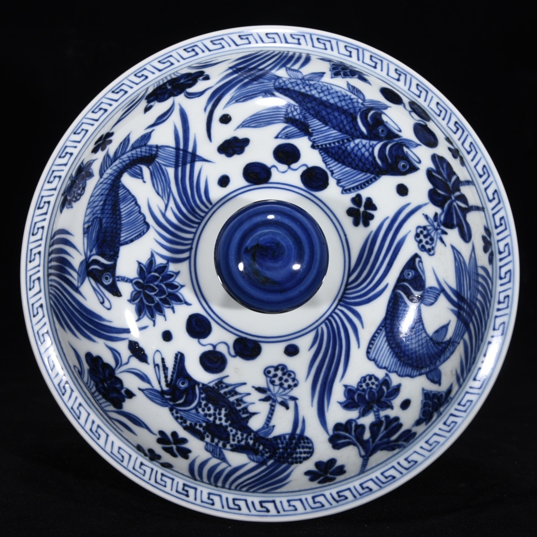 旧 元 青花 魚藻紋 蓋缶 古陶磁器 陶芸 中国古美術 古賞