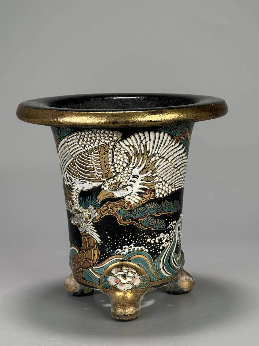 UO02-11 盆栽美術 京楽焼 色絵鷹文植木鉢 錦鉢 盆栽鉢 蘭鉢 【