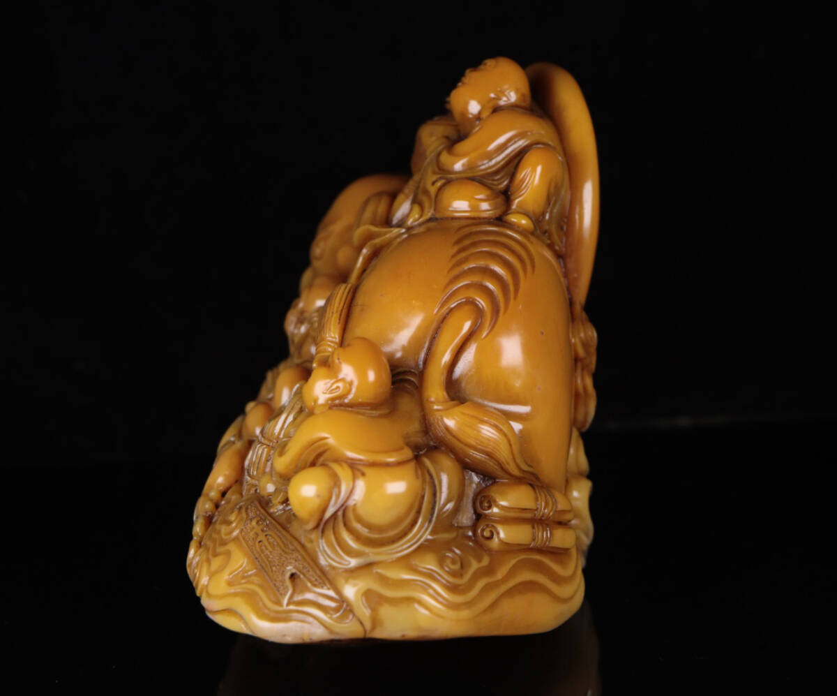 ▽鴻▽清朝時代 寿山石 田黄石彫 吉祥納福印章置物 丁敬作 箱付