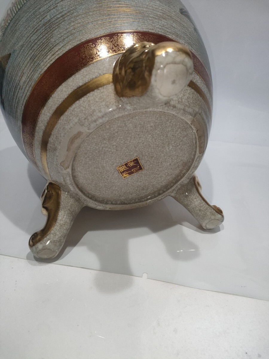 特大 薩摩焼 薩摩十字 薩摩錦風造 三足 獅子 香炉 飾壺 香道具