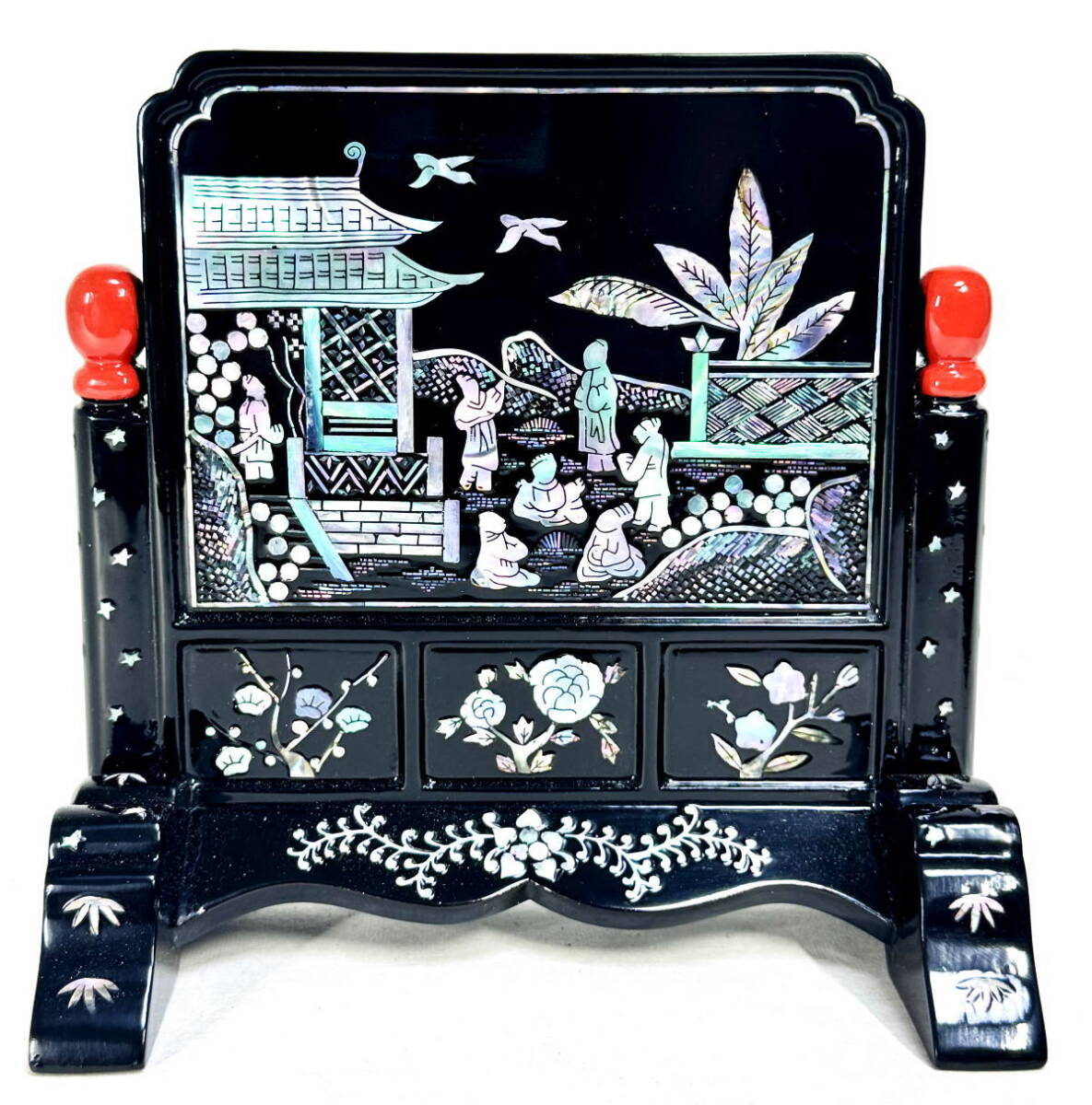 送料無料】清時代 木製黒漆 青貝螺鈿装飾 山水人物麒麟神獣文