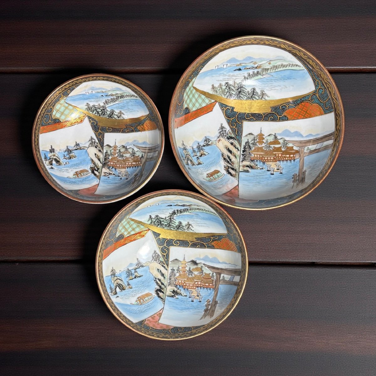 FU10】【希少!!】 3組鉢 九谷焼 大鉢 山水風景文図 金彩 色絵 伝統