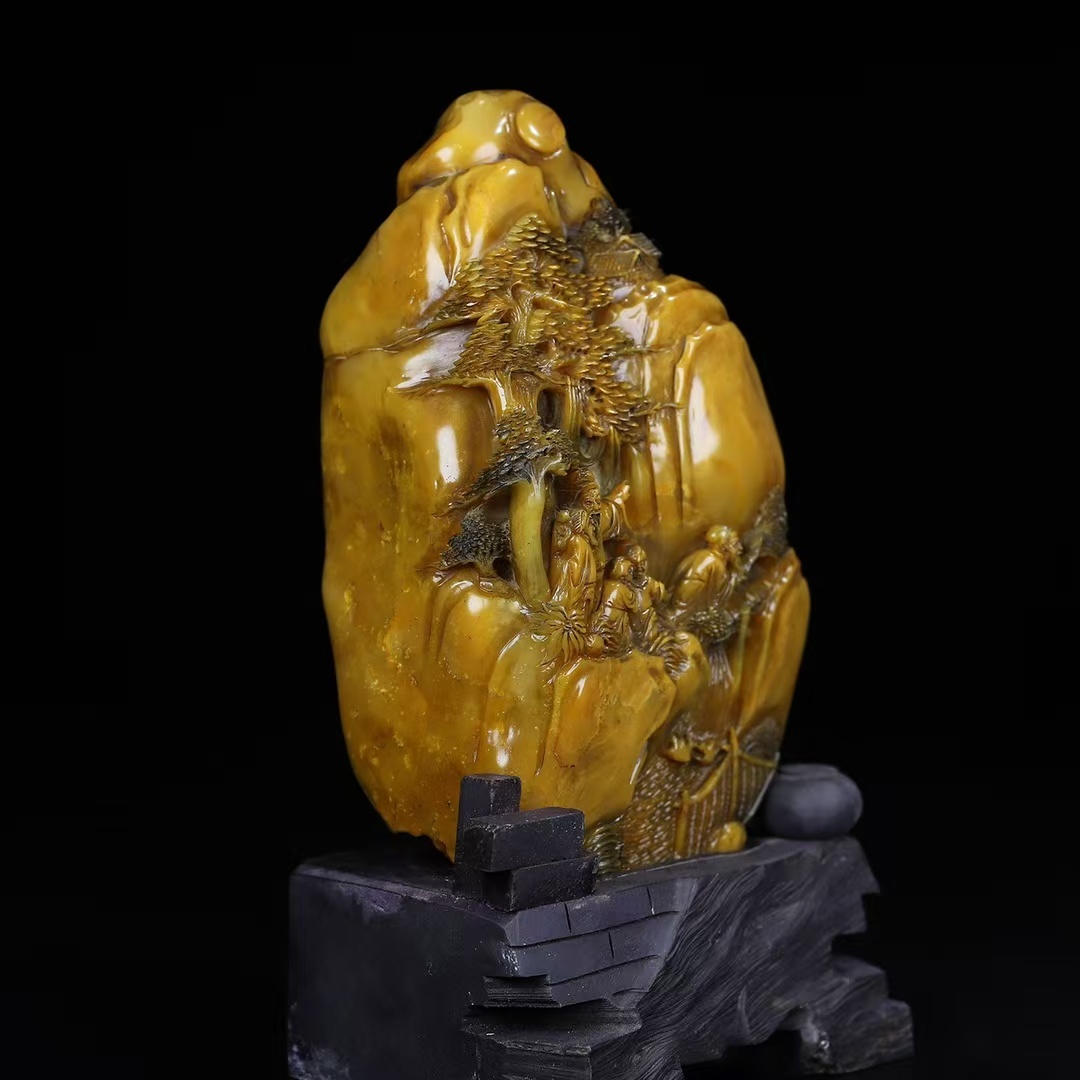 玉石 寿山石原石彫 山水人物紋 深山訪友 文房具 書道品 古擺件 古置物