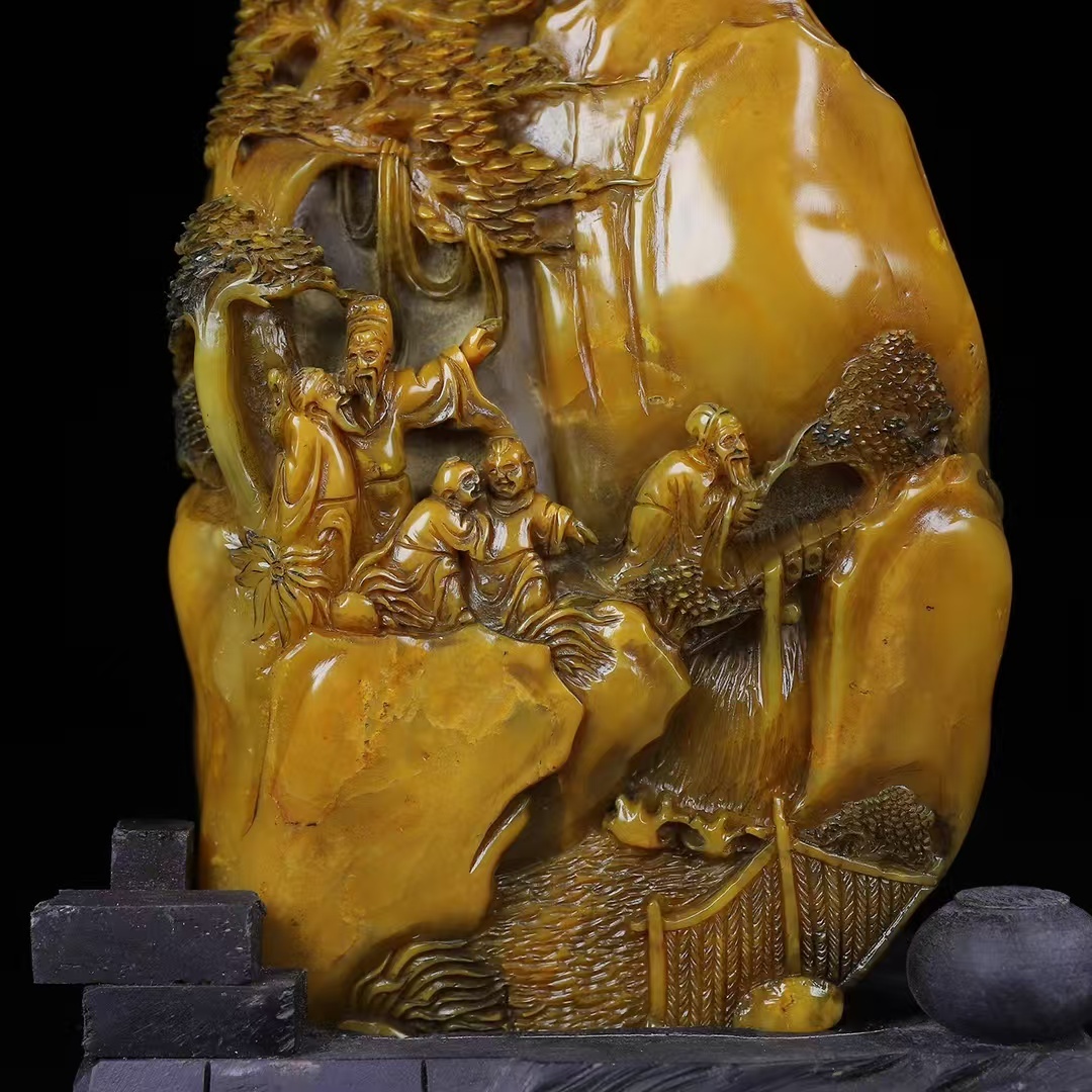 玉石 寿山石原石彫 山水人物紋 深山訪友 文房具 書道品 古擺件 古置物