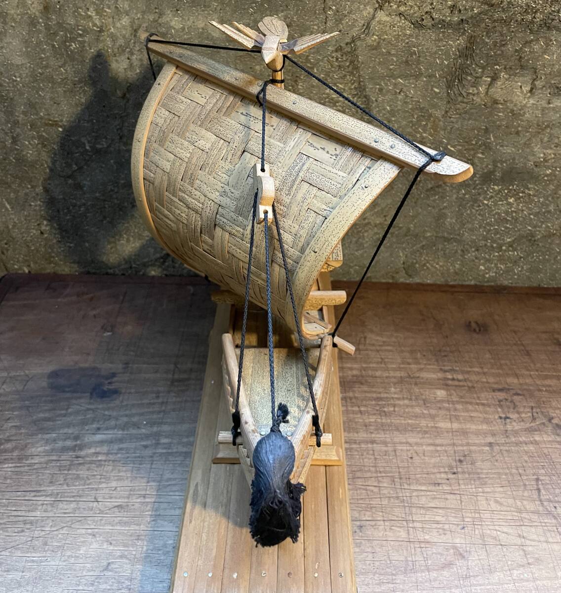 希少 帆船 模型 竹製 木造 宝船 和船 工芸品 舟 置物 ヴィンテージ 中型