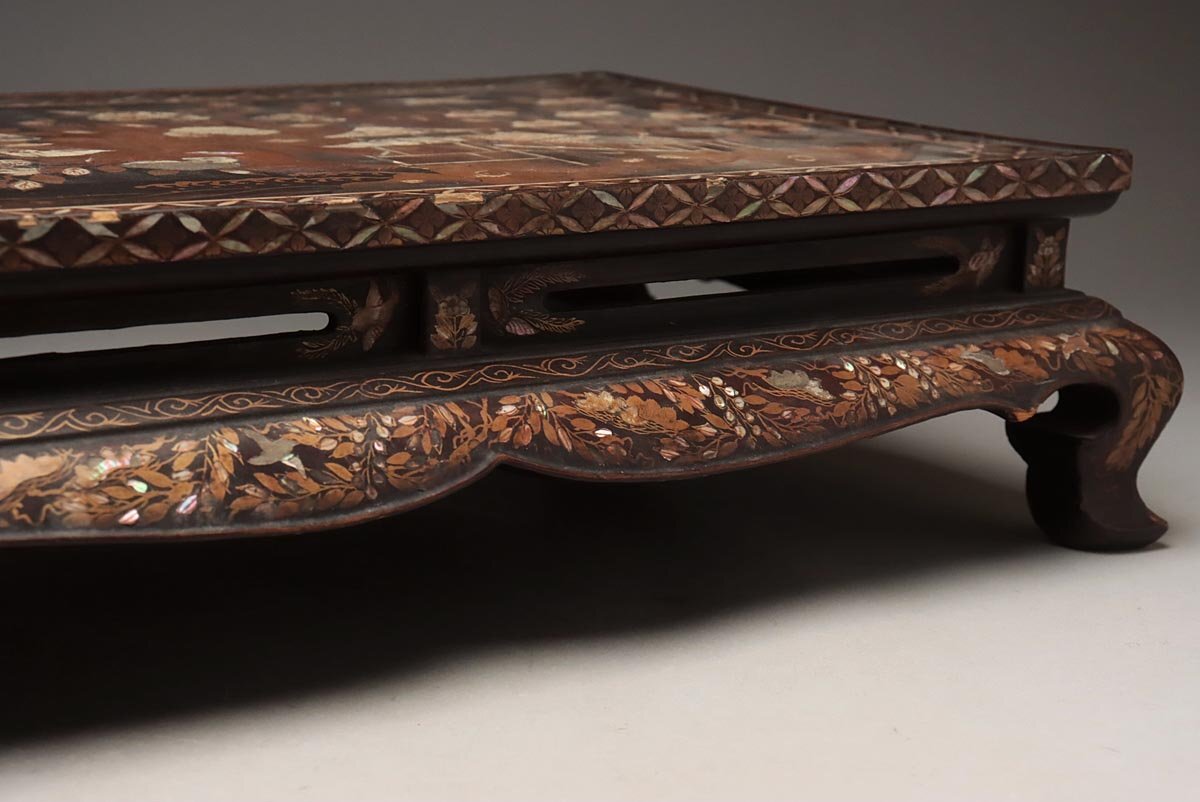 GA143 中国古玩 唐物 螺鈿花台 幅54.7cm・青貝螺鈿卓・黒漆嵌螺鈿花鳥