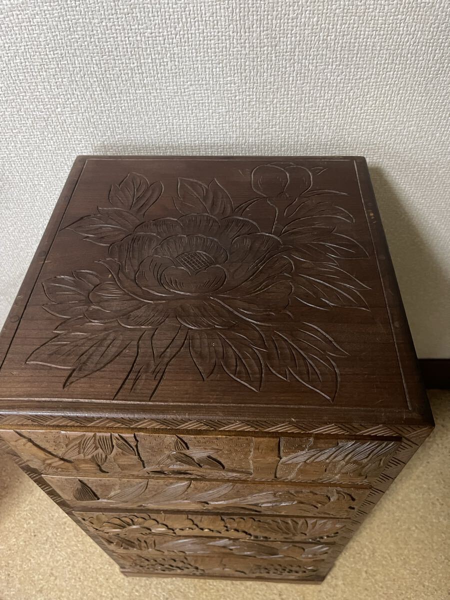希少 アンティーク 日光彫？軽井沢彫？箪笥 5段式 引き出し 伝統工芸