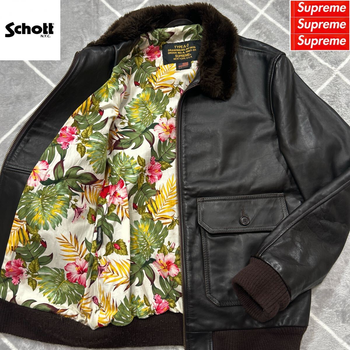 極美品XL】SUPREME SCHOTT Leather Flight JKT A-2JKT コラボ レザー