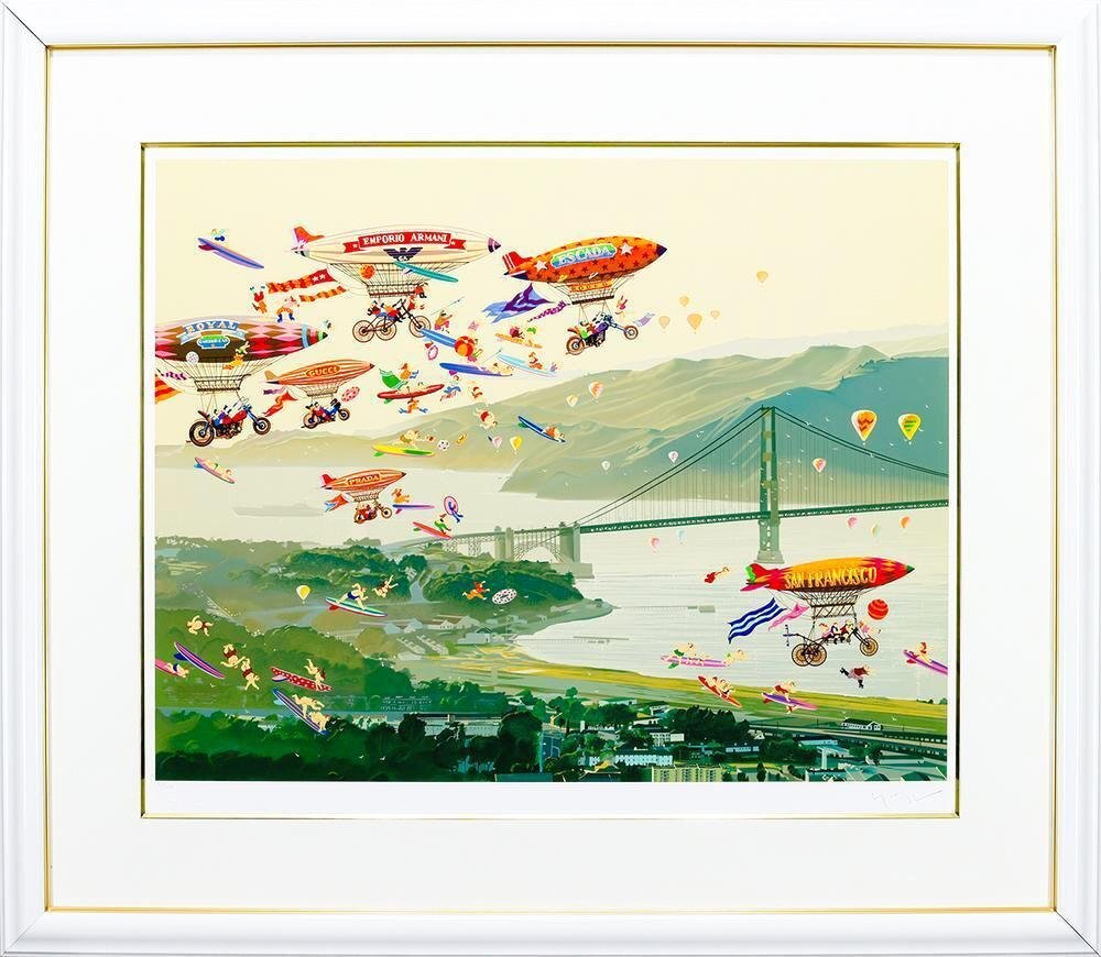 真作】【WISH】ヒロ・ヤマガタ「霧のゴールデンゲートブリッジ」シルク