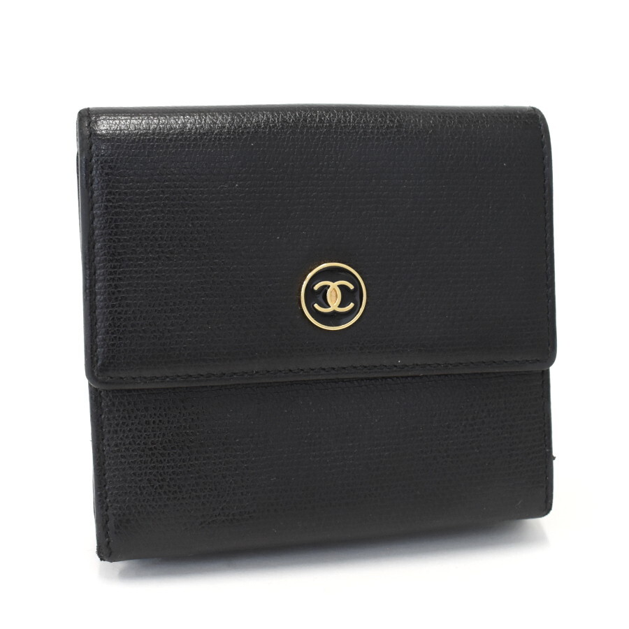 シャネル 三つ折り財布 Wホック ココボタン レザー ブラック CHANEL