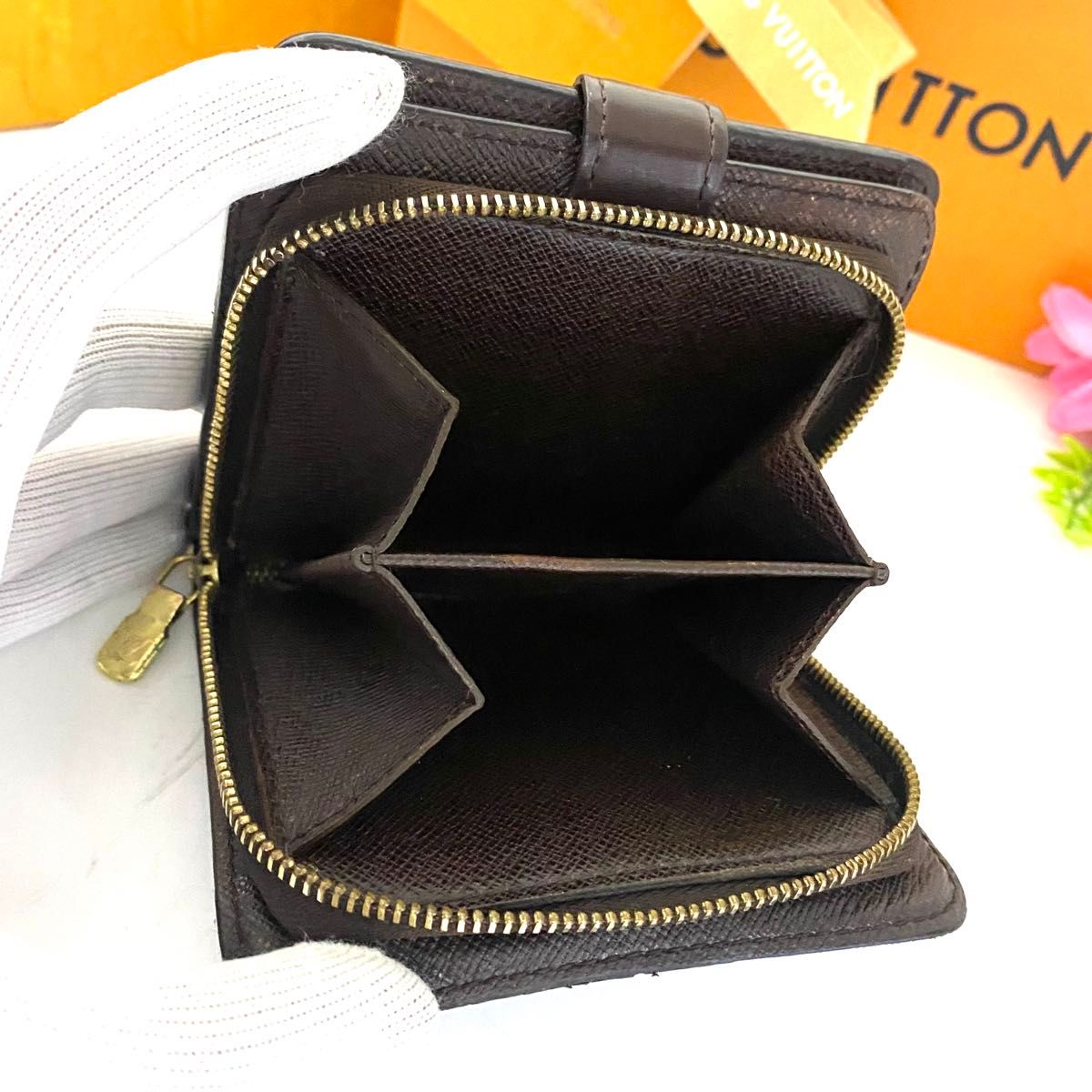 ルイ ヴィトン コンパクトジップ ダミエ エベヌ 二つ折り財布 茶色