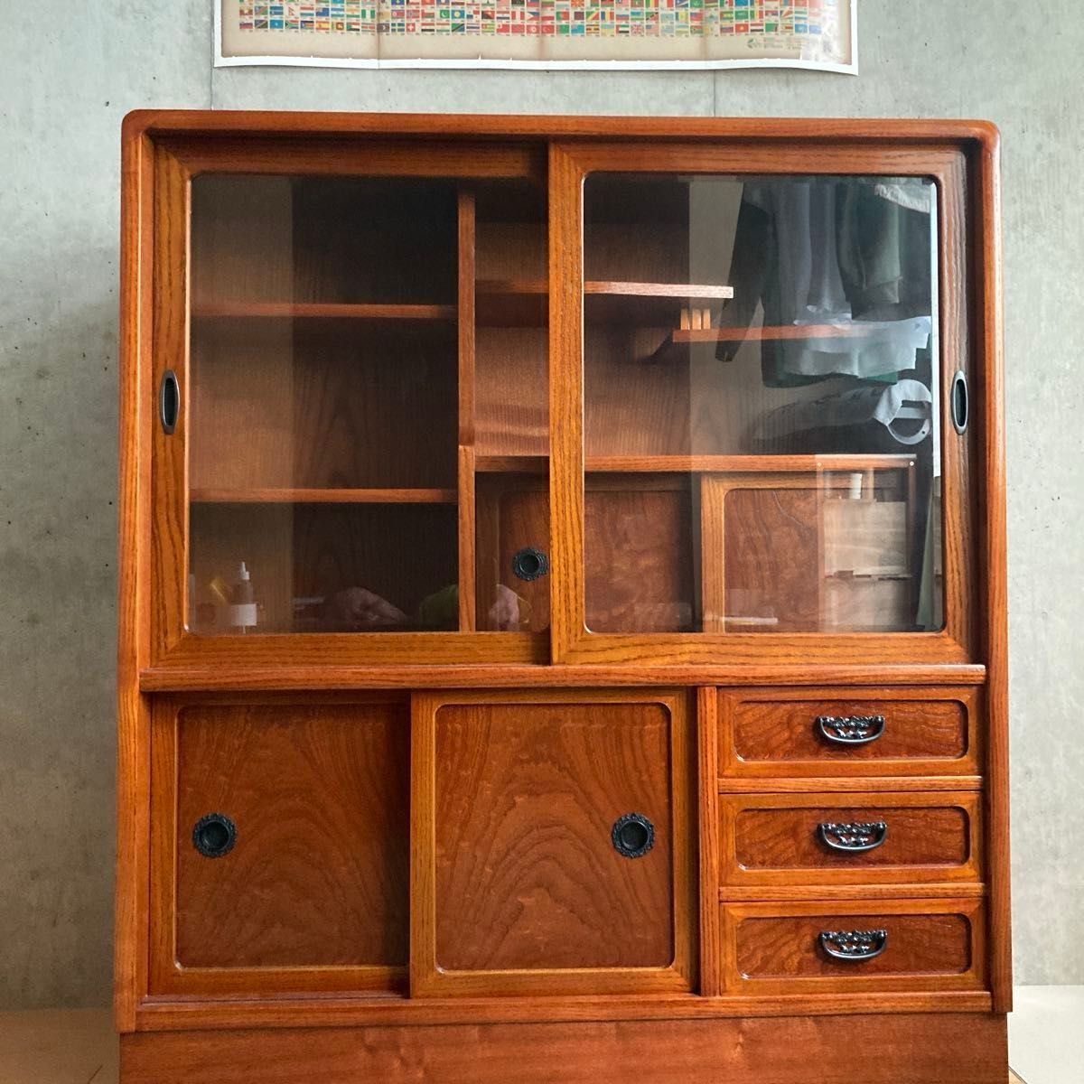 けやき茶箪笥 ガラス引き戸と引き出し付き 昭和レトロ 売り切り｜Yahoo