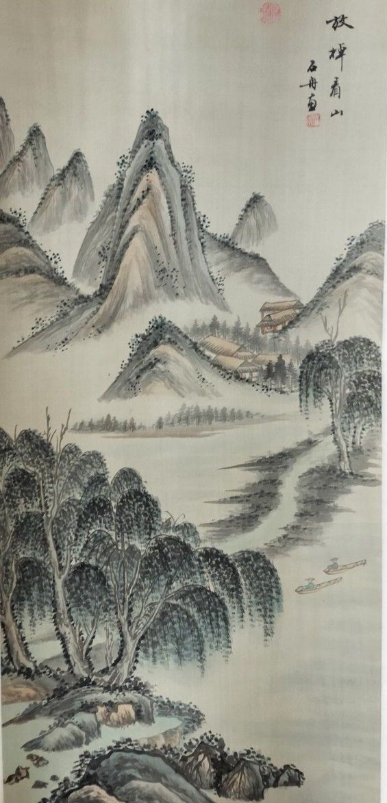 掛軸 / 水墨山水図】玉憔 風景画 最も安い 山水画 巻物 骨董品 掛軸 玉