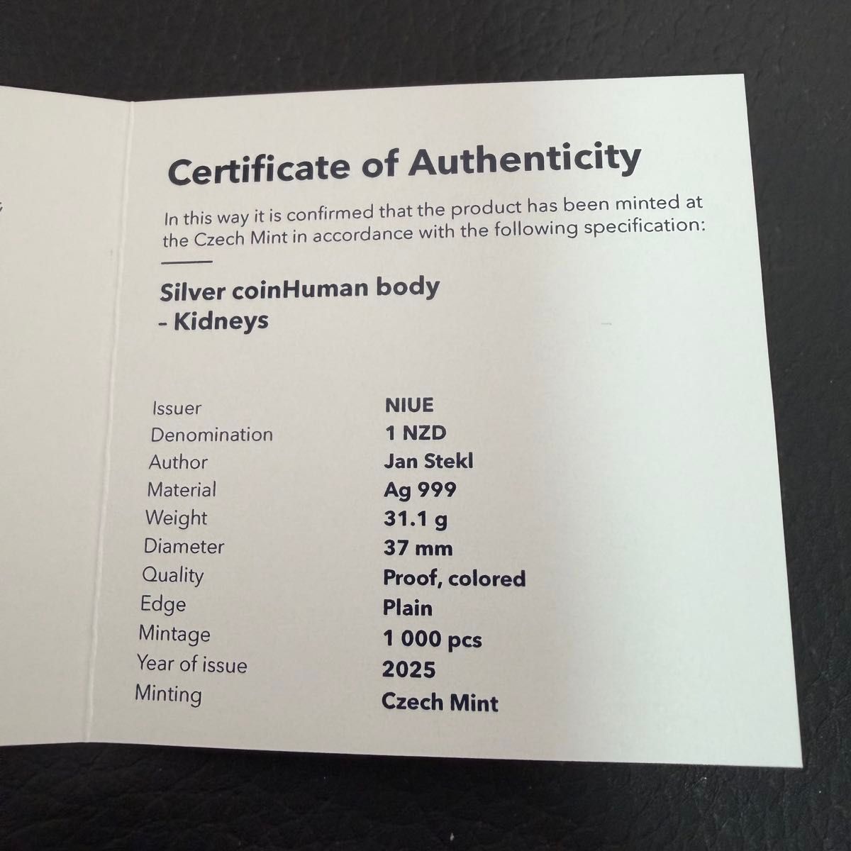 銀貨 プルーフ カラー 純銀 人体の仕組み 腎臓 1オンス 1oz COAあり 革