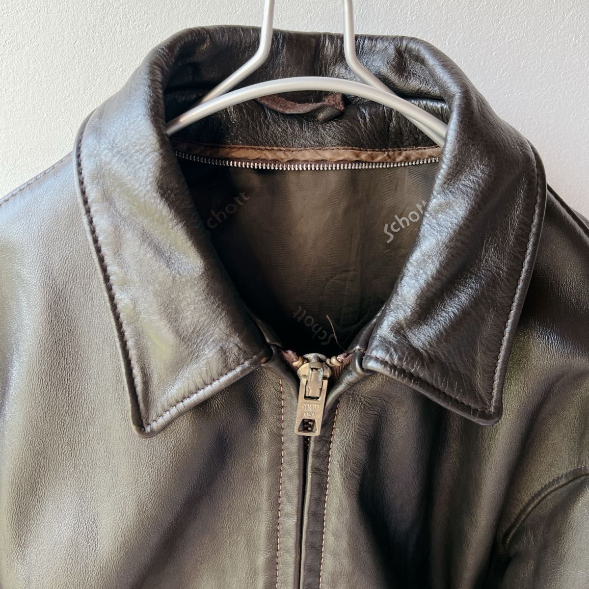馬革 schott 襟付ライダースジャケット 652H ホースハイド 38 ダーク