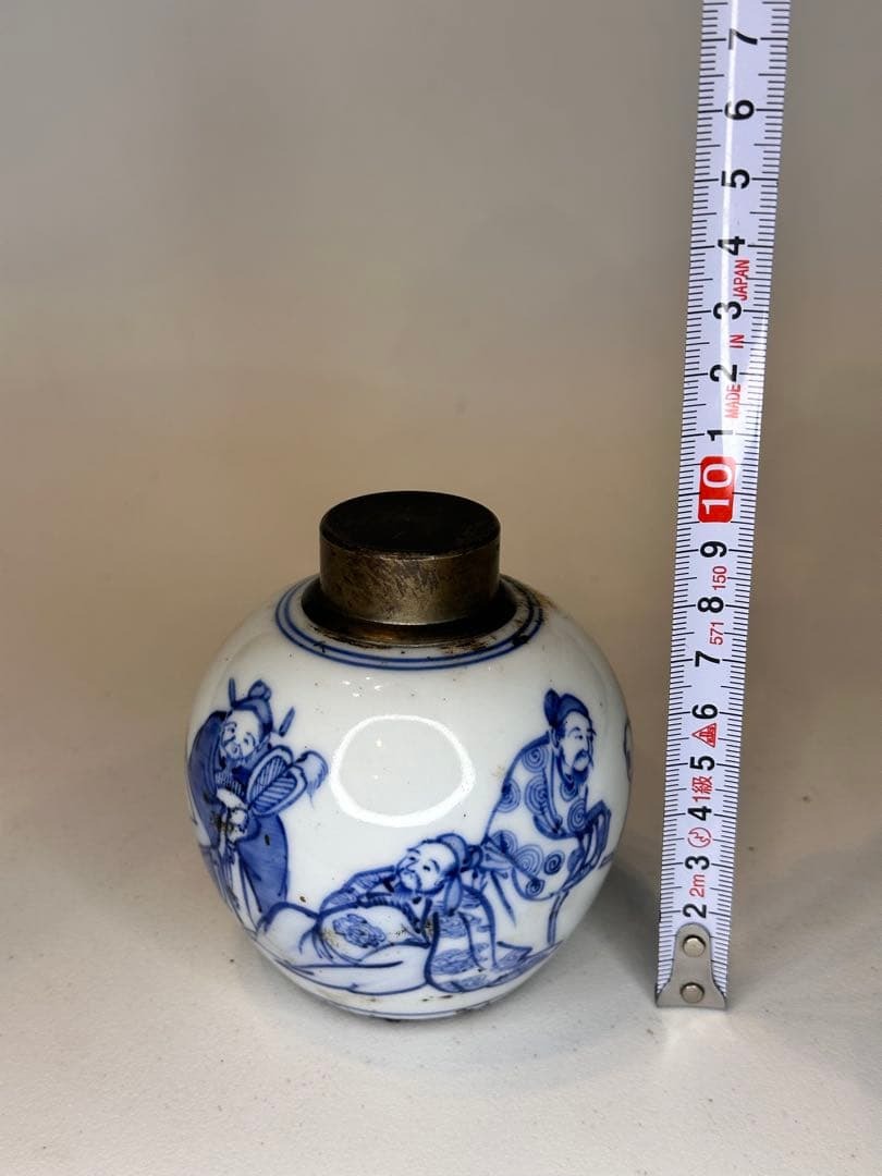 中国清代 人物染付茶葉缶 錫蓋 二重蓋 手描き 古美術 中国古陶磁